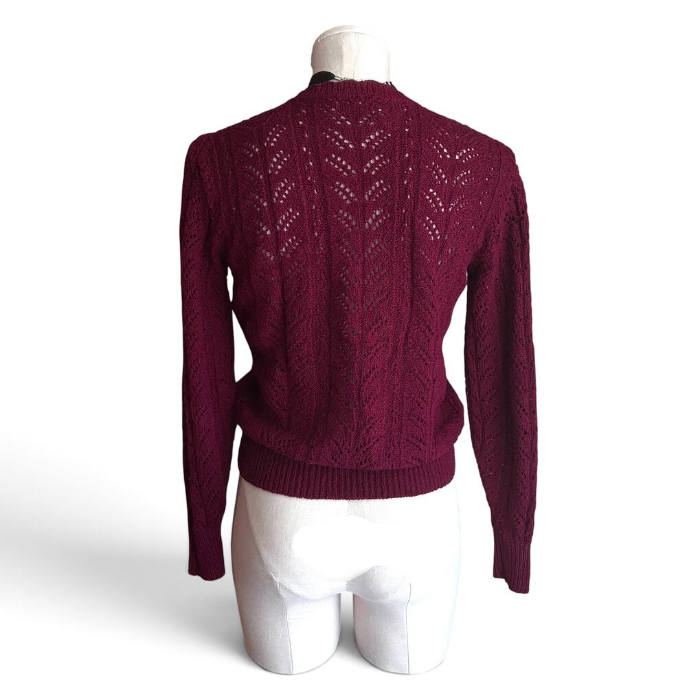 Vintage 80s Burgundy Crochet Knit Sweater Medium, Open Weave Ribbed Trim Top - Picture 13 of 16